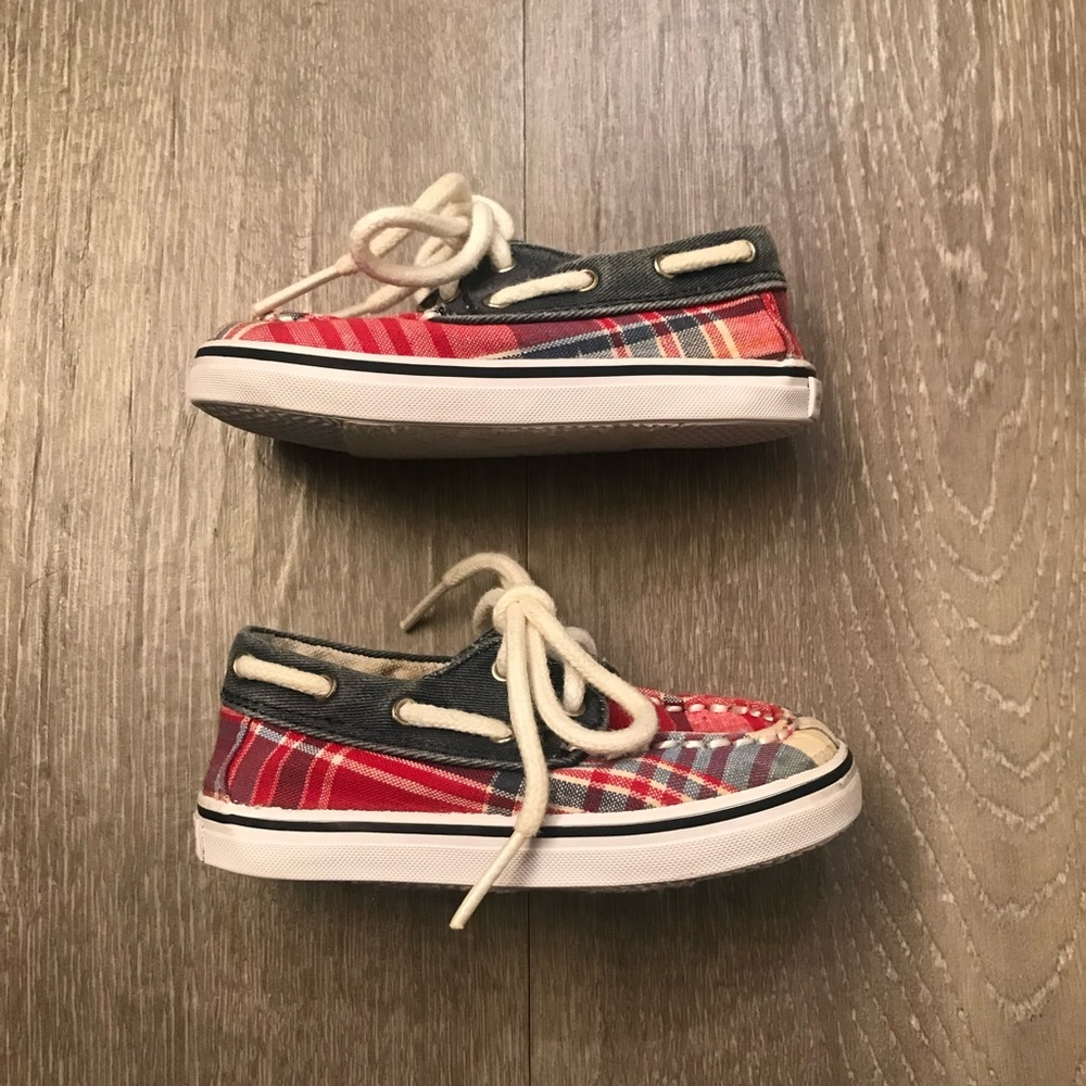 SPERRY Bahama Crib Plaid Canvas Lace Up Boat Shoes Baby Size 4M (4 Months).